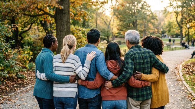 A diverse group of adults stands together, embracing in a supportive circle. They are positioned outdoors in a park with colorful autumn foliage.