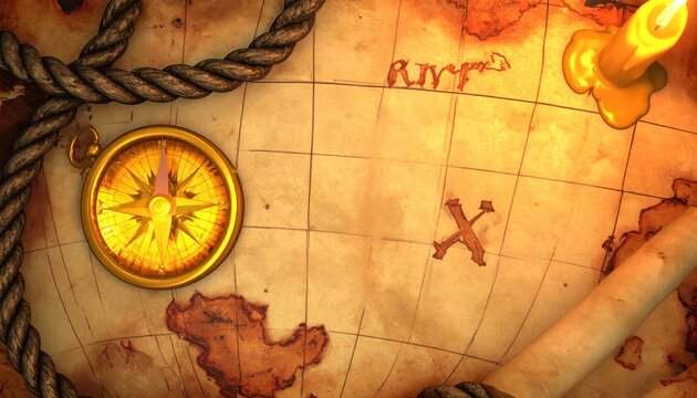 Vintage treasure map with gold compass and nautical rope.