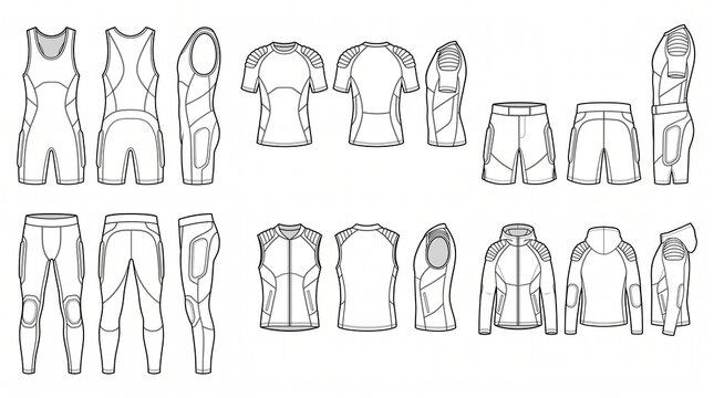 Technical Fashion Sketches of Padded Protective Sportswear Set - Compression Gear Front Back Side Views