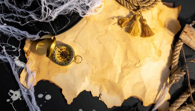 Vintage treasure map with golden compass and rope.