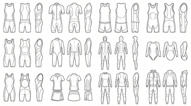 Sportswear technical flat sketches: cycling, running, and athletic apparel templates.