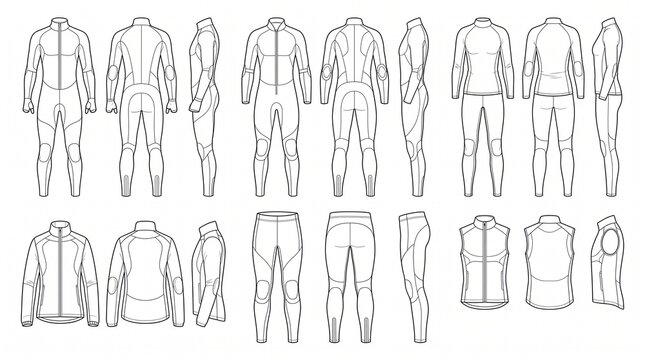Technical Sportswear Flat Sketches Set for Cycling and Speed Skating