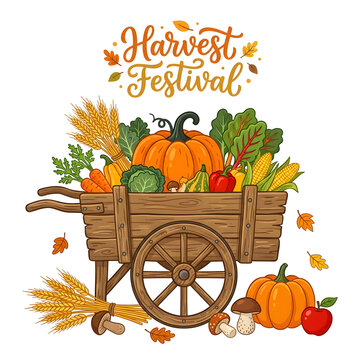 Harvest festival wooden cart with pumpkins. Autumn seasonal produce and vegetable bounty.