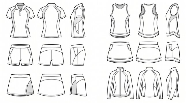 Women's Activewear Technical Sketch Set: Polo, Tank Top, Jacket, Shorts, and Skorts - Front, Back, and Side Vector CAD