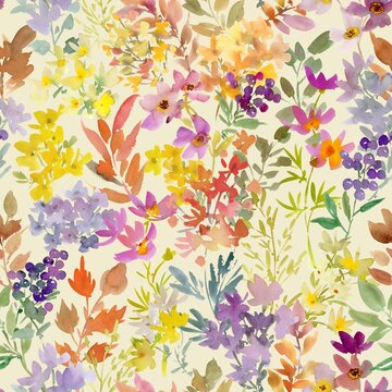 Hand-painted autumn botanical seamless pattern with abstract wildflowers for fabric, stationery, and surface design