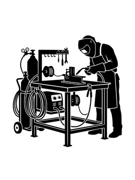 Professional Welder Silhouette Working at Workbench with Industrial Equipment