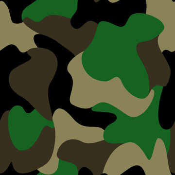 Simple camouflage military seamless pattern with green, khaki, brown and black spots