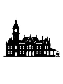 Victorian Railway Station and Train Silhouette Graphic Illustration