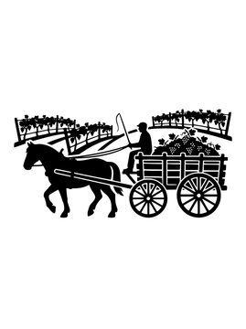Vintage horse-drawn wagon silhouette carrying grape harvest through vineyard