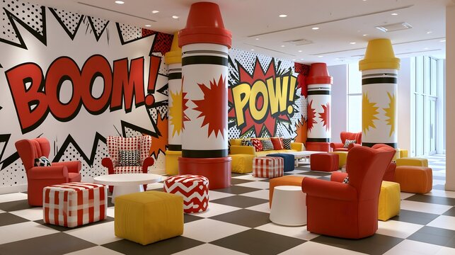 Vibrant pop art kids zone interior design with crayon pillars comic book wall art and colorful armchairs