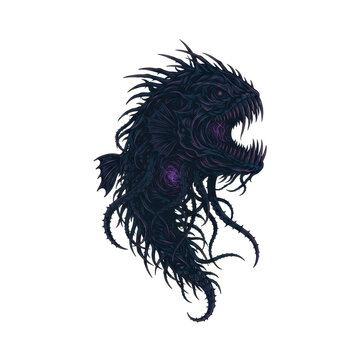 Fantasy Abyssal Sea Monster with Sharp Teeth and Tentacles