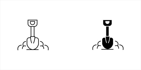 Outline icon set.  of a shovel digging into the ground. Ideal for construction, excavation, gardening, landscaping, agriculture, earthwork, and manual labor concepts. © Muhammad