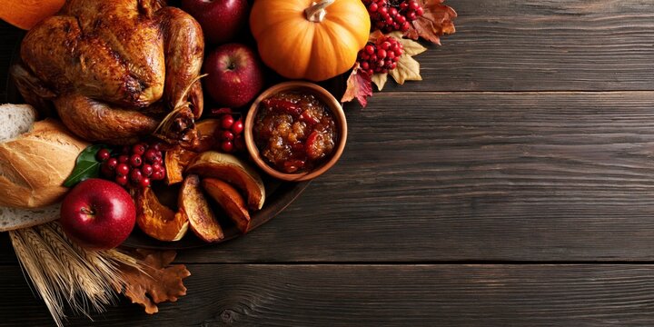 Thanksgiving Rustic Flat Lay with Roasted Turkey Pumpkin Apples Wheat and Copy Space on Dark Wooden Background