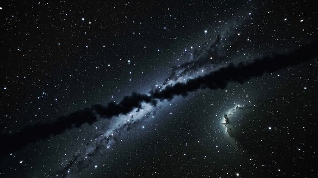 Panning camera filming Milky Way band, dust lane moving over night sky showing rotation and nebula