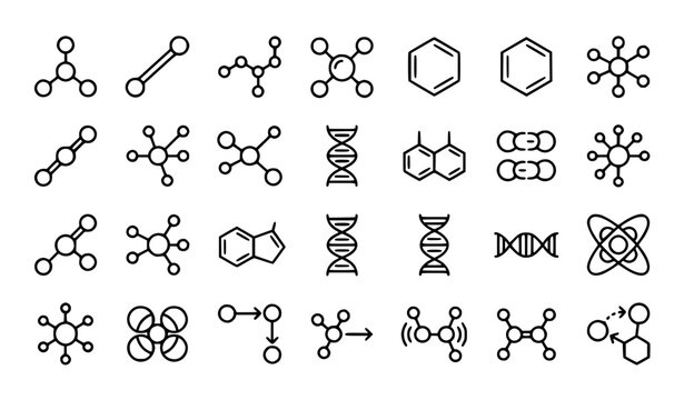 Molecular structure line icon set with chemical bonds atoms and science symbols editable stroke vector