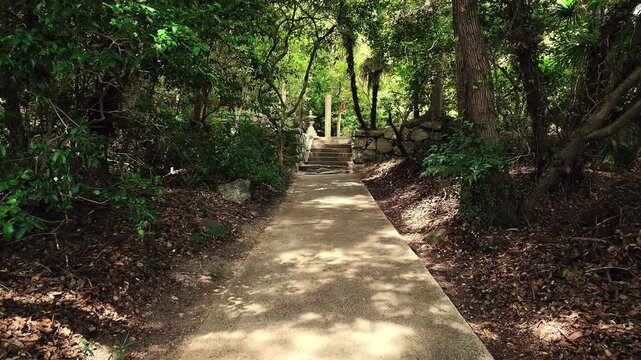 神社の境内の歩道を歩く様子　日本文化のスローモーション