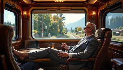 Fototapeta premium A mature man dressed in a light colored suit is seated in a plush, patterned armchair inside a train carriage, gazing out the large window