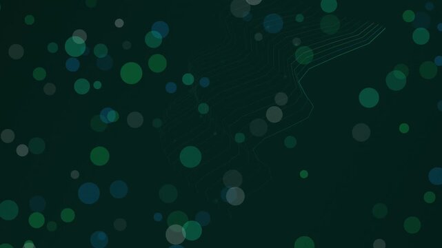 Glowing circles and thin interconnecting lines create a dynamic flow pattern on dark emerald green surface