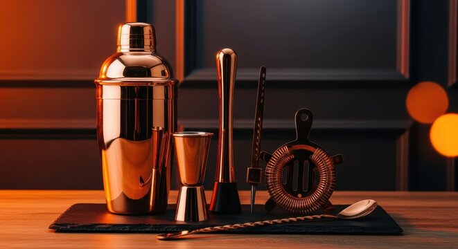 Professional Copper Cocktail Shaker Set with Bar Tools on Slate Board in Moody Lighting for Mixology