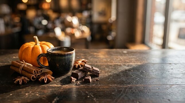 Autumn coffee break with pumpkin spiced latte hot drink cinnamon sticks star anise dark chocolate on rustic wooden table cafe background.