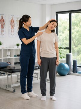 Female physical therapist demonstrating assisted neck stretching exercise during rehabilitation