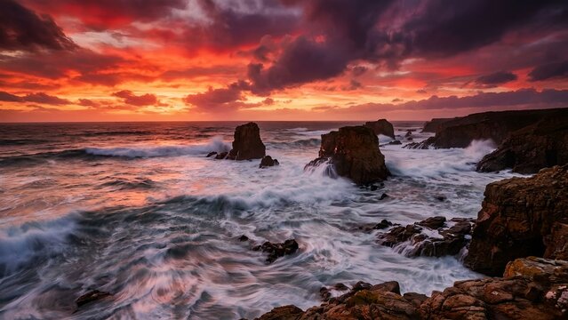 Dramatic sunset over a rocky coastline with crashing waves. The sky is ablaze with fiery orange and red hues, creating a breathtaking natural spectacle