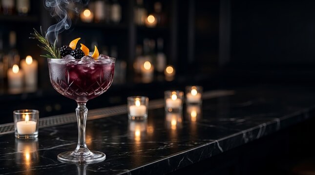 Elegant smoky cocktail with blackberries rosemary and orange peel garnished with ice served on dark bar with small candles and bokeh lighting.