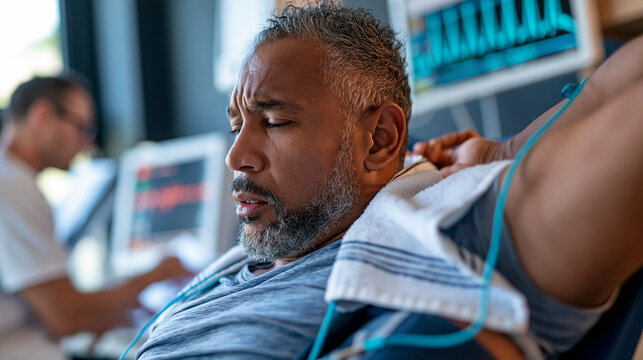 Athlete resting in a recovery chair after completing a maximal cardiopulmonary exercise test, respiratory mask already removed, ECG electrodes still connected for continued