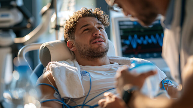 Athlete resting in a recovery chair after completing a maximal cardiopulmonary exercise test, respiratory mask already removed, ECG electrodes still connected for continued