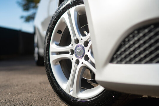 Silver Mercedes Benz A200 front alloy wheel close up, Premium compact hatchback exterior parts