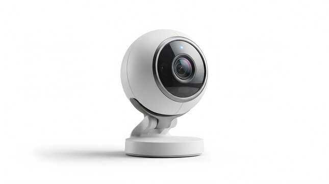 Futuristic white indoor smart security camera with spherical design and adjustable base for home monitoring