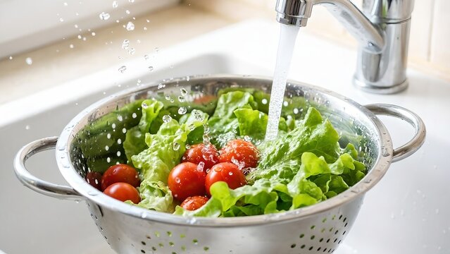 Washing fresh lettuce and cherry tomatoes in a colander under running water from a faucet. The preparation for a healthy meal