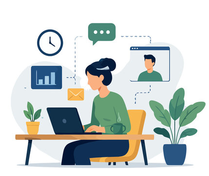 Vsai woman working remotely from home office communicating digitally