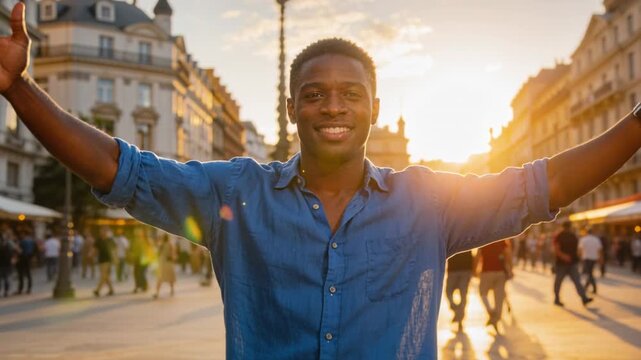 Noticing camera, man in blue shirt widening arms on paved city street, welcoming passersby