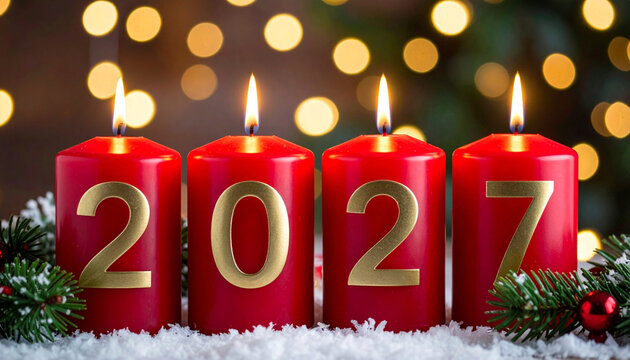 Four red candles with 2027 gold numbers for new year celebration and christmas decor