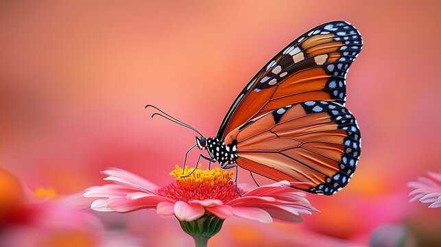 Monarch butterfly feeding on pink flower, garden, blurred background, nature imagery