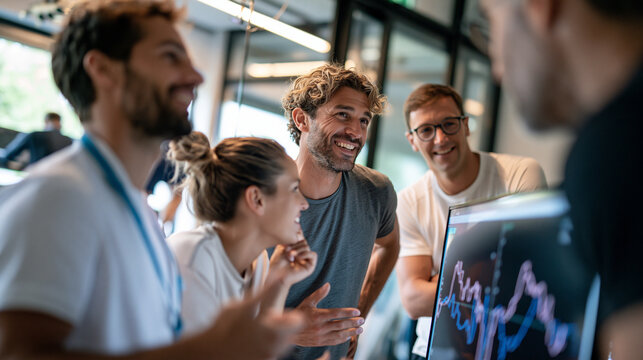 Sports cardiology team reviewing an athlete&rsquo;s test results during a multidisciplinary meeting, cardiologist, sports physician, physiotherapist and coach gathered around a large