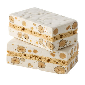 Two pieces of gourmet white nougat with roasted nuts isolated on a clean plain white background shot