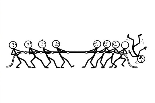 Stick figure teams playing tug of war on white background