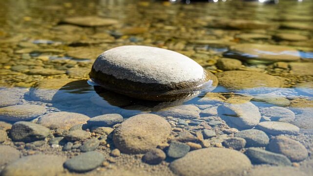 Flowing gentle current circling rounded flat river stone in shallow stream, sunlight shifting