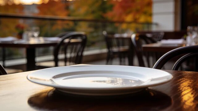 Shifting focus camera revealing white ceramic plate on wooden table, emphasizing empty table scene