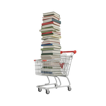 Large stack of various hardcover books sitting inside a metal shopping cart on white background