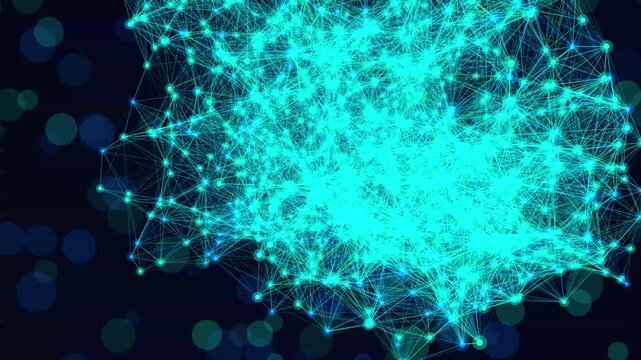 Glowing cyan network connection points with digital geometric lines floating in deep space for tech visualization