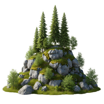 Small grassy hill with mossy rocks and pine trees isolated on white background for landscape design