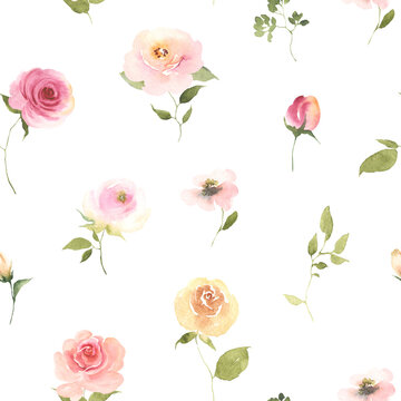 Watercolor seamless pattern with delicate colorful roses and green branches. Hand drawn illustration on white background for home textile, cotton fabric, wrapping paper or wallpaper in provence style