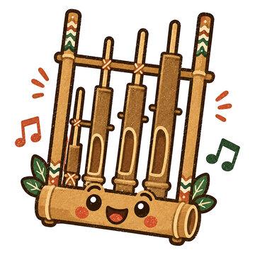 Kawaii angklung bamboo musical instrument with a smiling face and musical notes.