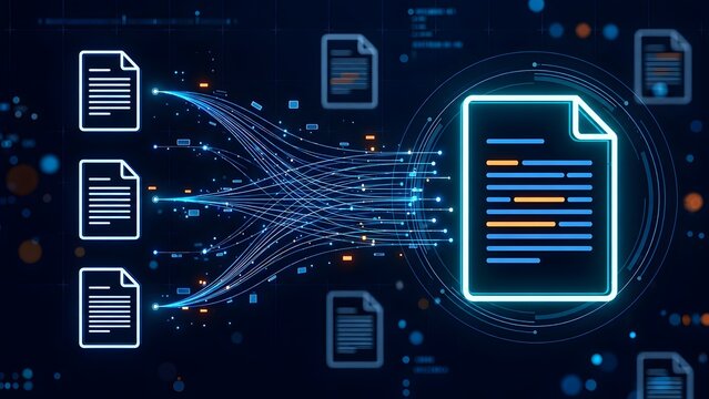 Data integration and document management concept showing digital files merging into a unified system