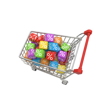 Shopping cart filled with colorful percentage sign cubes representing retail sales and discounts
