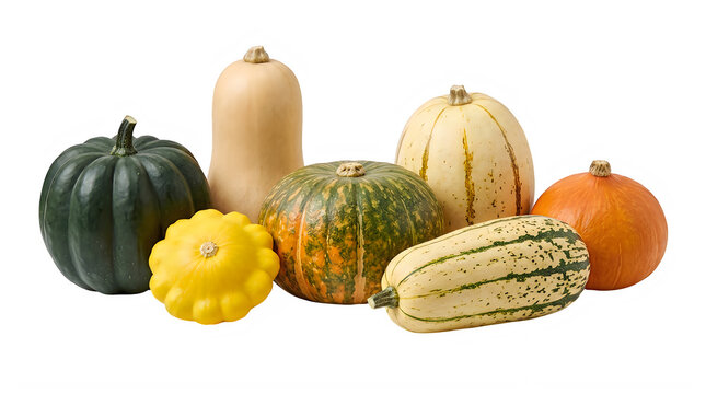 Assorted Autumn Squashes and Gourds in Natural Lighting Isolated on transparent background