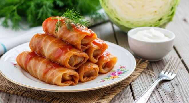 Traditional Stuffed Cabbage Rolls with Tomato Sauce, Fresh Dill, and Sour Cream on a Floral Plate